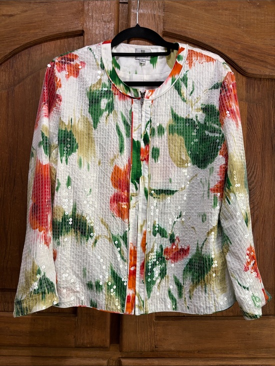 Chico's Jackets & Blazers - Chico's White Floral Sequin Zip Jacket with Green and Orange Print
